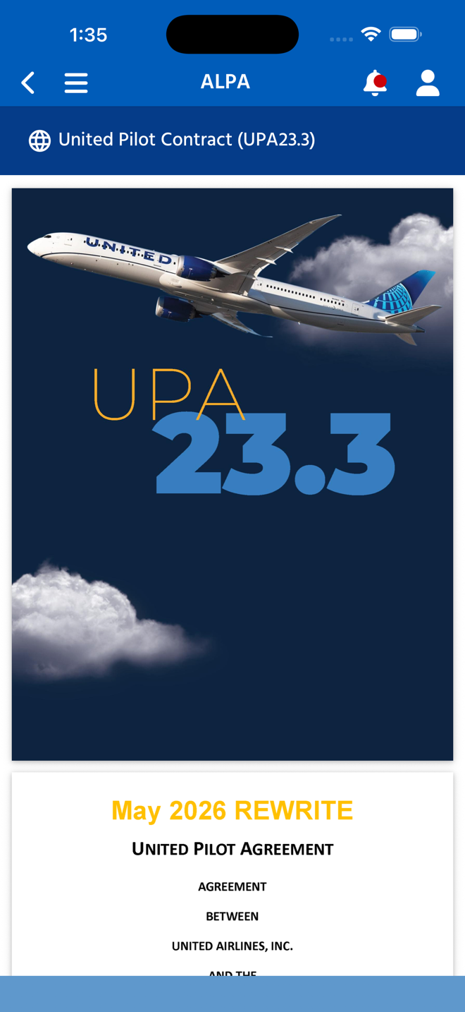 Native XAML document viewer — United Pilot Contract rendered in AuthenticatedWebViewPage's AutoLogin WebView