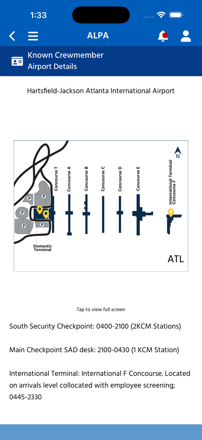 Native XAML KCM Airport Details page for ATL — terminal map and check-in notes