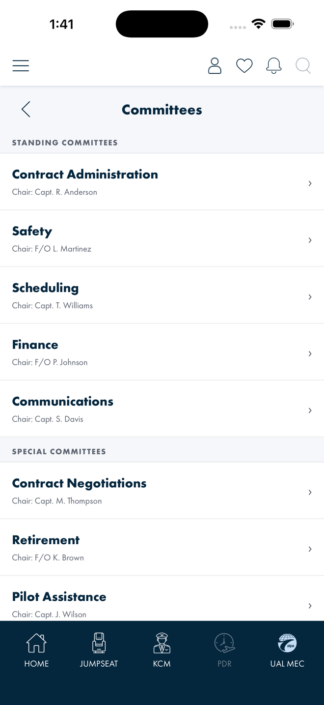 Blazor /mec/committees page — flat Standing and Special committee list whose rows self-link