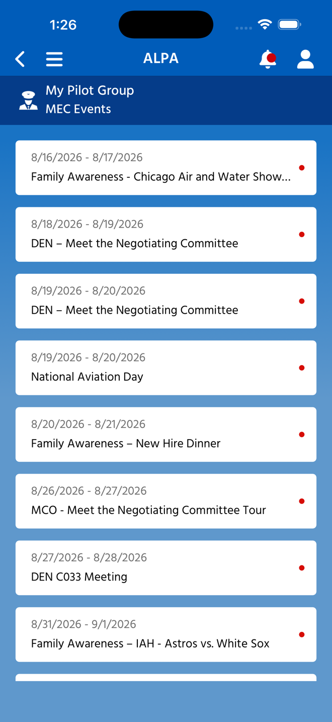 Native XAML MEC Events page — live event feed with unread badges