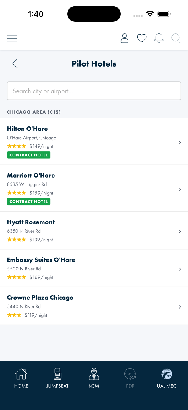 Blazor /mec/hotels page — mock Chicago-area hotel cards