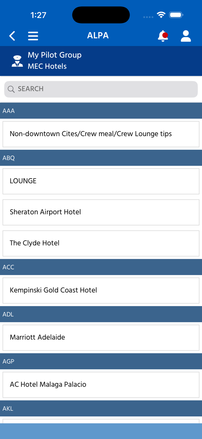 Native XAML MEC Hotels page — live hotel list grouped by airport IATA code