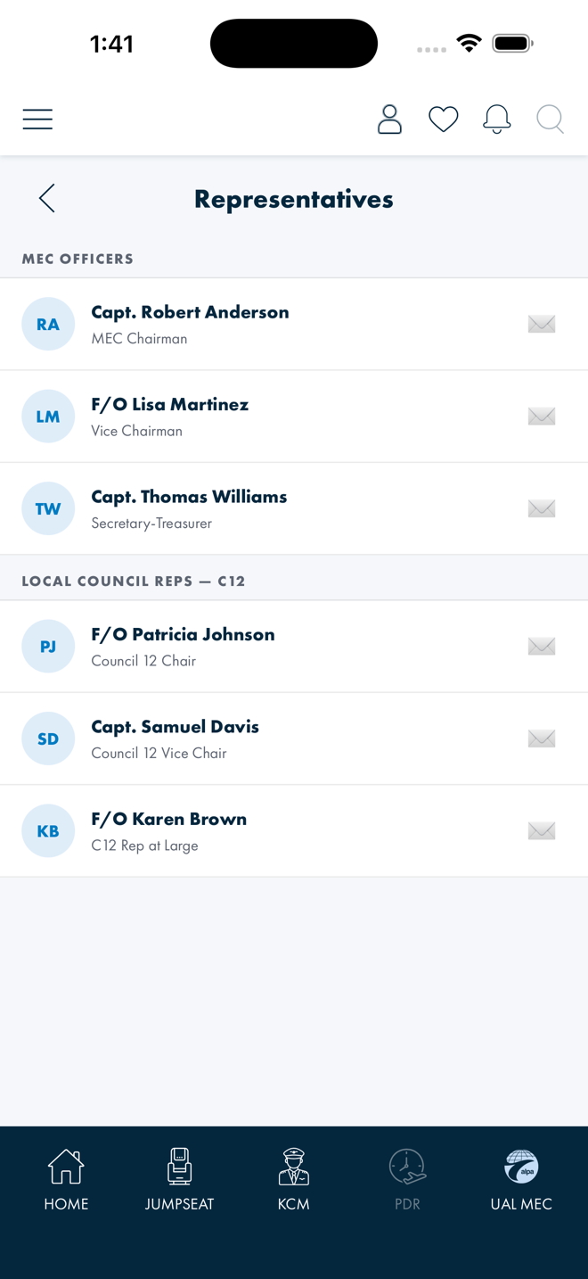 Blazor /mec/reps page — mock MEC Officers and Council 12 sections with fictional names