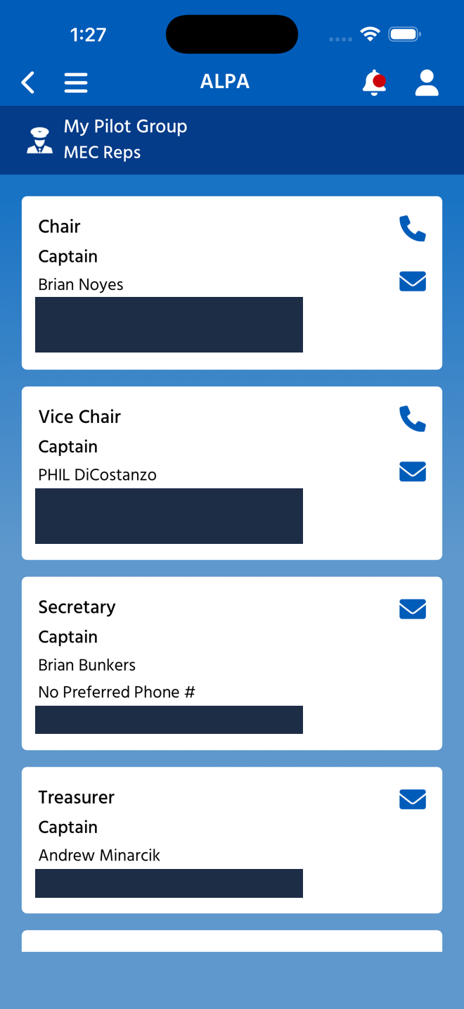 Native XAML MEC Representatives page — live officer cards, contact lines redacted