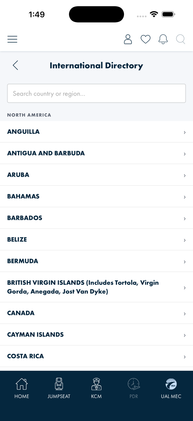 Blazor International Directory page — search box over region-grouped countries with live data