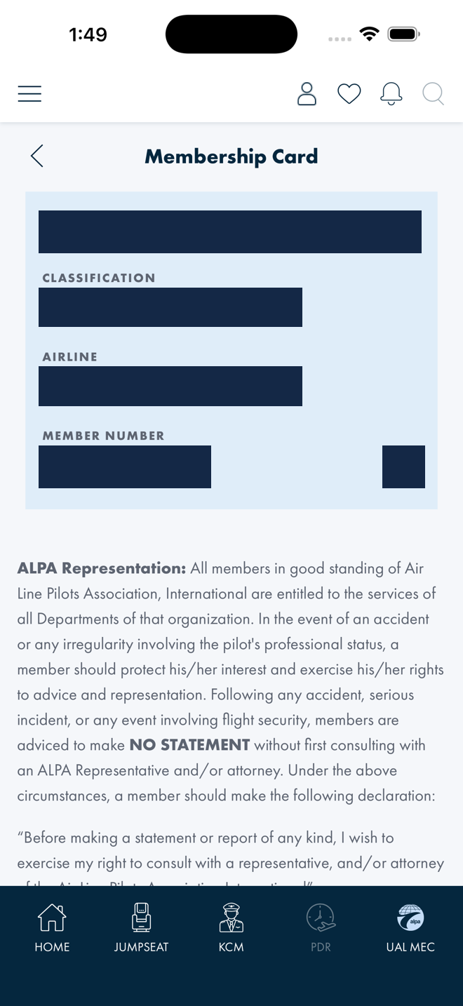Blazor Membership Card page, member name, classification, airline, number and barcode redacted