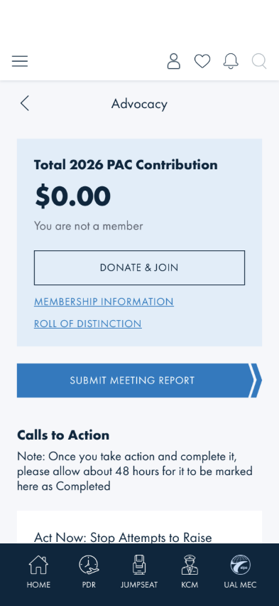 Advocacy screen: PAC contribution card, SUBMIT MEETING REPORT button and Calls to Action