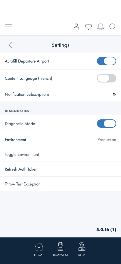 Settings page with the DIAGNOSTICS group revealed