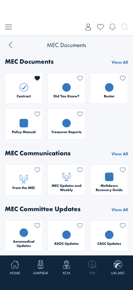 MEC Documents category tiles with the Contract tile's heart filled in solid navy