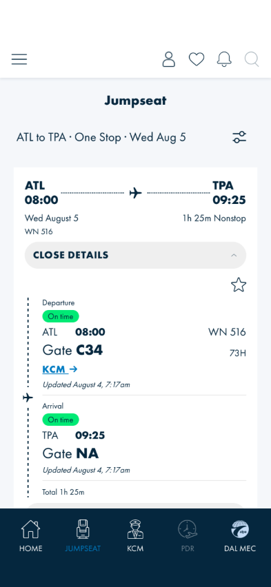 One-stop result expanded with a layover band