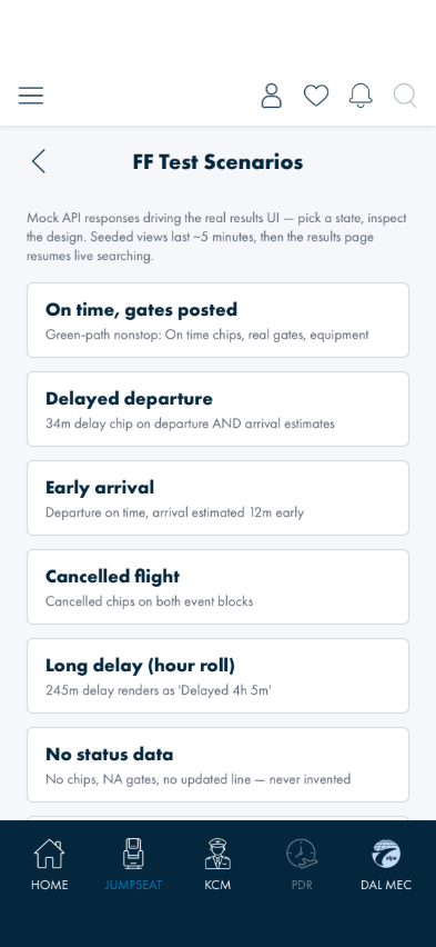 FF Test Scenarios with the seed and clear rows for Saved Flights