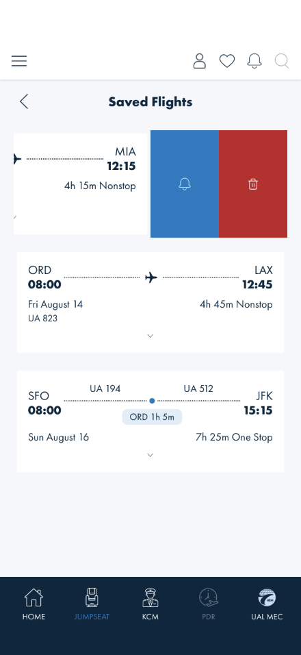 A Saved Flights row swiped open, revealing a blue bell (alert) action and a red trash (delete) action