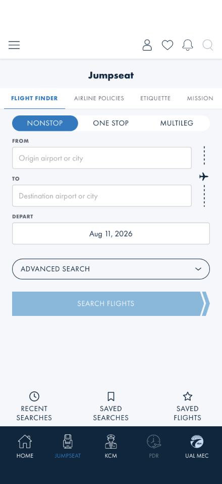 The Jumpseat tab strip: FLIGHT FINDER, AIRLINE POLICIES, ETIQUETTE, MISSION