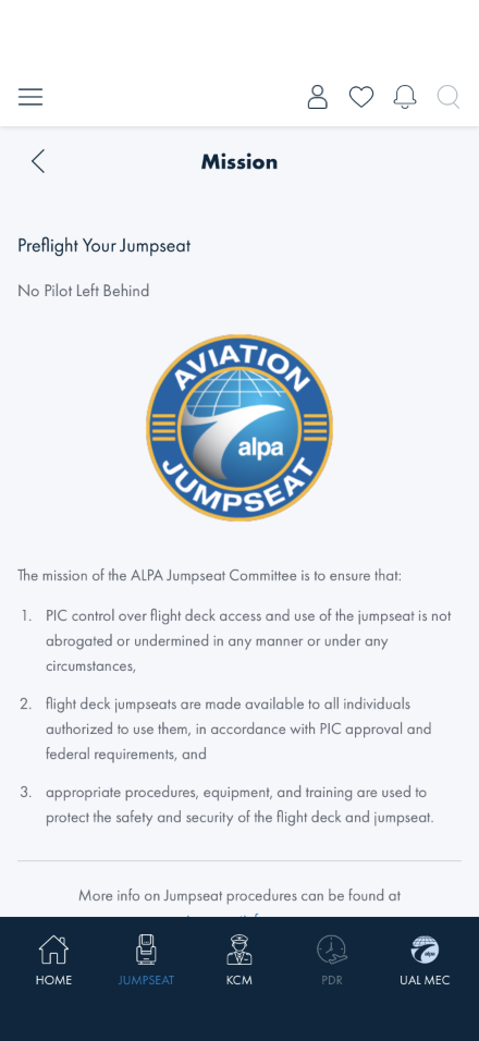 Mission page with the ALPA Jumpseat Committee mission statement