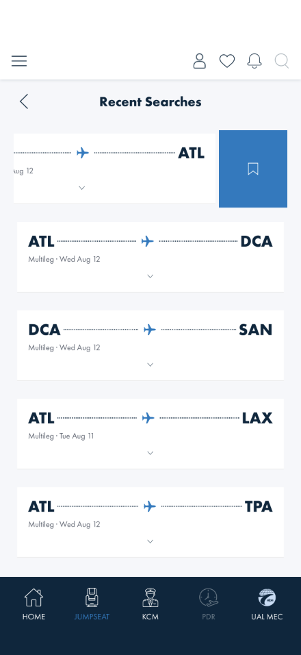 A Recent Searches row swiped open, revealing a blue bookmark (save) action