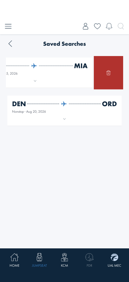 A Saved Searches row swiped open, revealing a red trash (remove) action