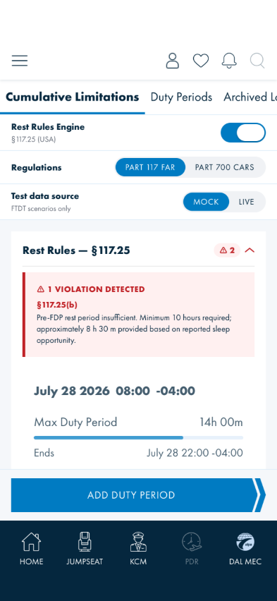 Rest rules card expanded with violations