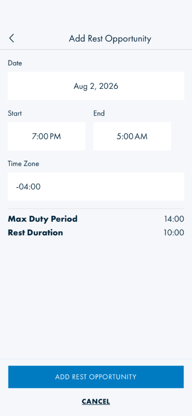 Add Rest Opportunity form