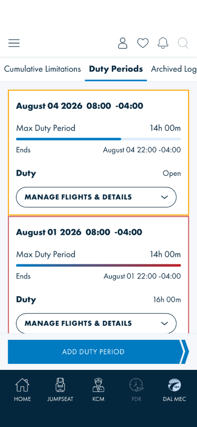 Duty period cards: amber outline on an open period, red outline on an exceeded one