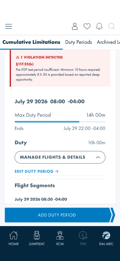 A violating duty period expanded under the rest-rules card, showing EDIT DUTY PERIOD
