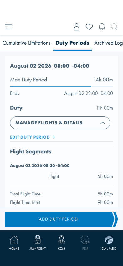 Duty periods list with management actions expanded