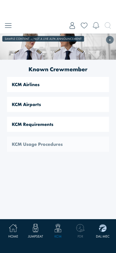 KCM home with the Airlines, Airports and Requirements cards