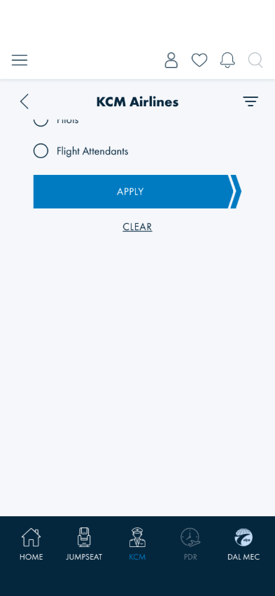 Crew-role filter panel with Pilots and Flight Attendants options, APPLY and CLEAR