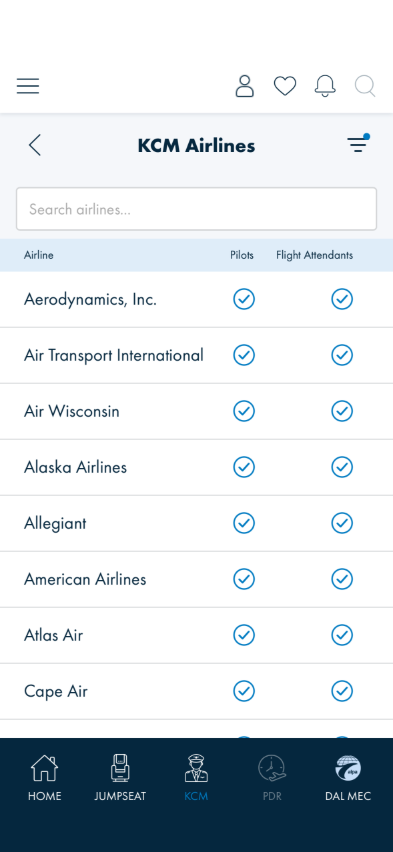 Shortened airlines list, every Flight Attendants cell ticked, blue dot on the filter icon