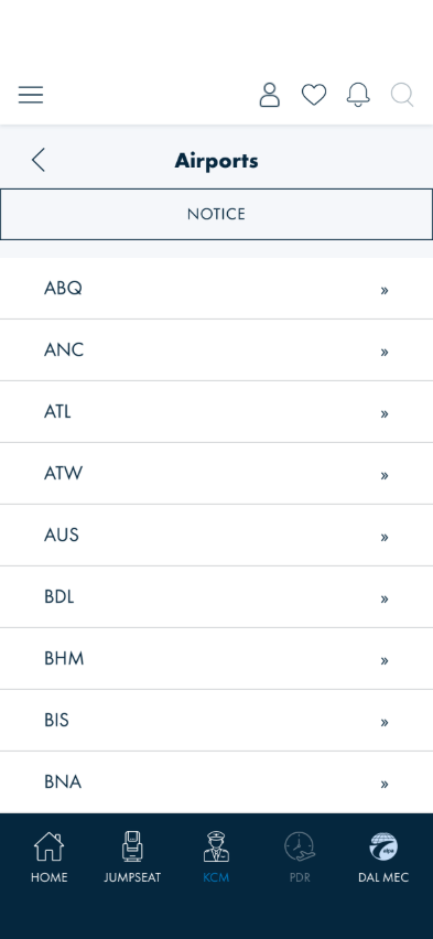 Airports list with the NOTICE button collapsed above it