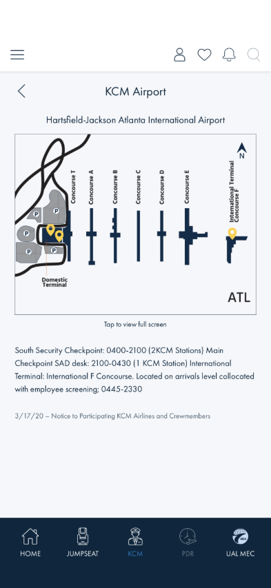 ATL airport detail with the inline terminal map, tap-to-full-screen caption, and check-in notes