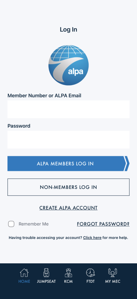 Member log-in screen