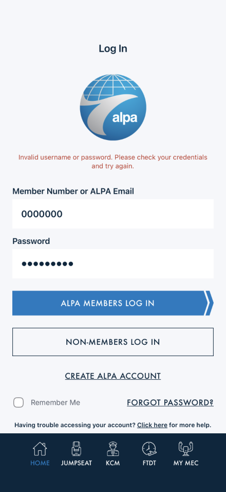 Invalid credentials error on the log-in screen