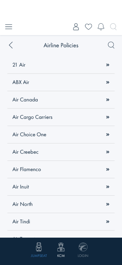 Signed-out Airline Policies list with the three-item tab bar