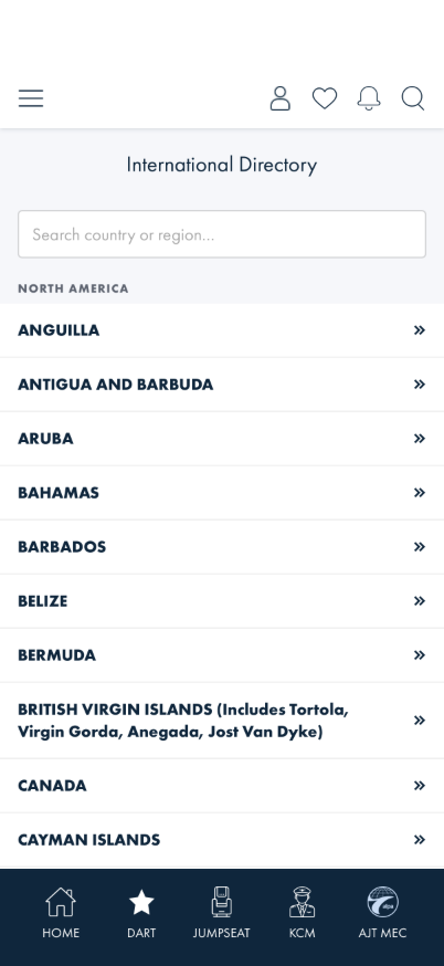 International Directory list grouped by continent, North America expanded with countries