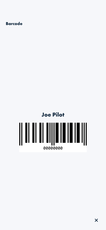 Barcode modal showing the member's name above an EAN-8 barcode