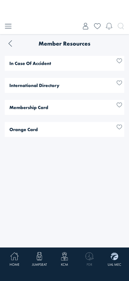 Member Resources list page, logged in, showing four rows with heart icons: In Case of Accident, International Directory, Membership Card, Orange Card