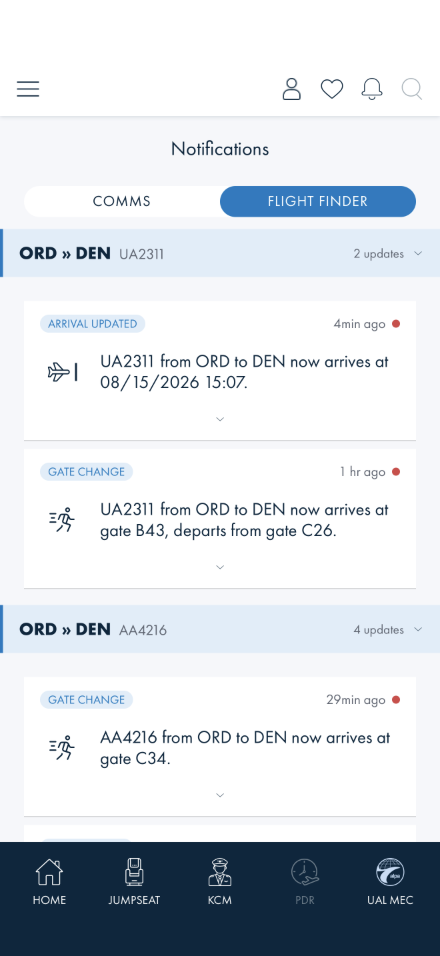 A group header reading ORD to DEN AA4216, 4 updates, over four cards each leading with a GATE CHANGE pill, the elapsed time, and the alert sentence