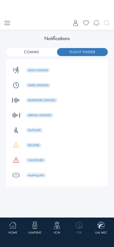 All eight status icons beside their pills: figure hurrying for gate change, clock for times updated, plane with a bar behind it for departure, plane with a bar ahead for arrival, jumpseat for outgate, amber triangle for delayed, red triangle for cancelled, grey warning light for anything else