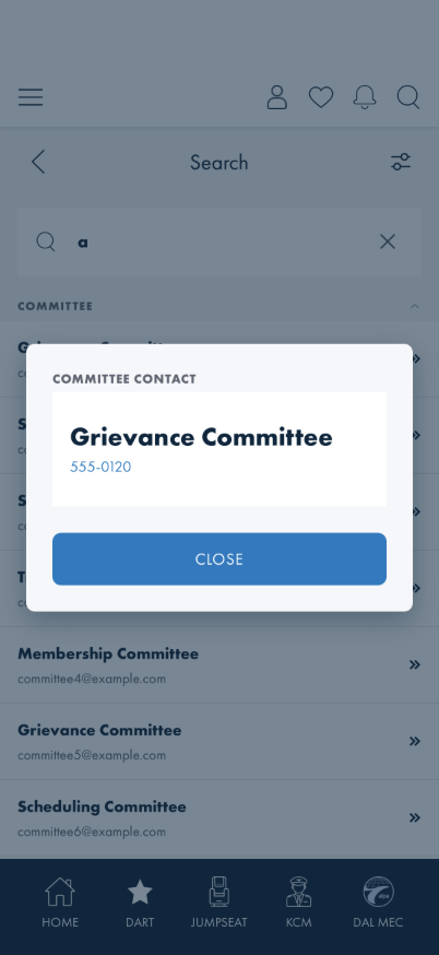 Contact card modal for a Committee result, headed COMMITTEE CONTACT, showing name and phone only