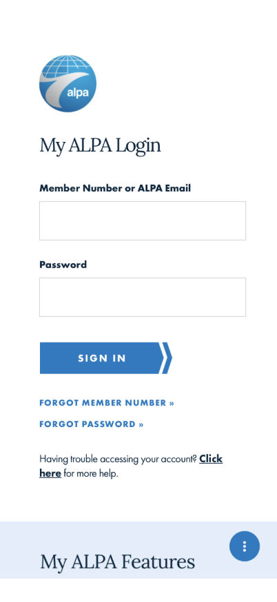 Tapping a Call to Action search result opens the auto-login web view, briefly showing the My ALPA Login form