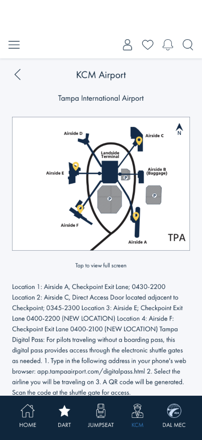 KCM Airport detail page for Tampa International Airport, opened from a Search result, showing the cached map and a Tap to view full screen caption beneath it