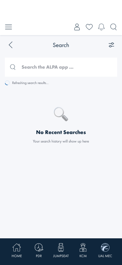 Search page immediately after a relaunch: field enabled, a small 'Refreshing search results…' notice under the search box, and the No Recent Searches idle state below it
