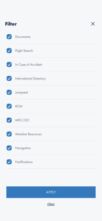 Filter modal listing all 10 areas, only Documents checked