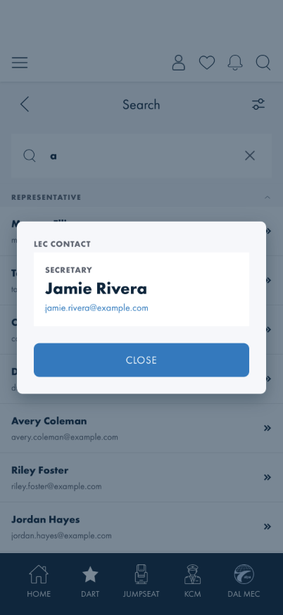 Contact card modal for a Representative result, headed LEC CONTACT, showing role, name, and email