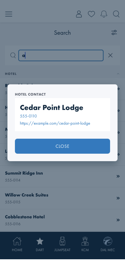 Contact card modal for a Hotel result, headed HOTEL CONTACT, showing name, phone, and website link, with no role line