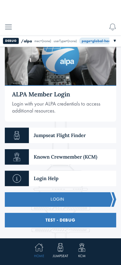 Signed-out /alpa after applying the refresh, showing the TEST - DEBUG button under LOGIN