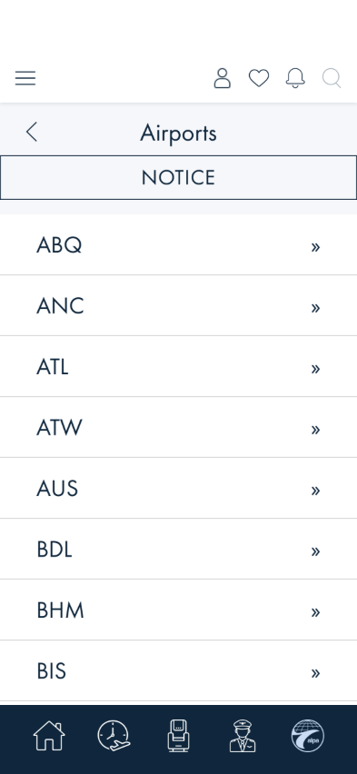 KCM Airports list at the largest text size