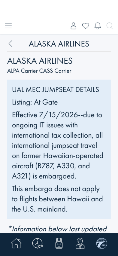 Alaska Airlines jumpseat policy at the largest text size